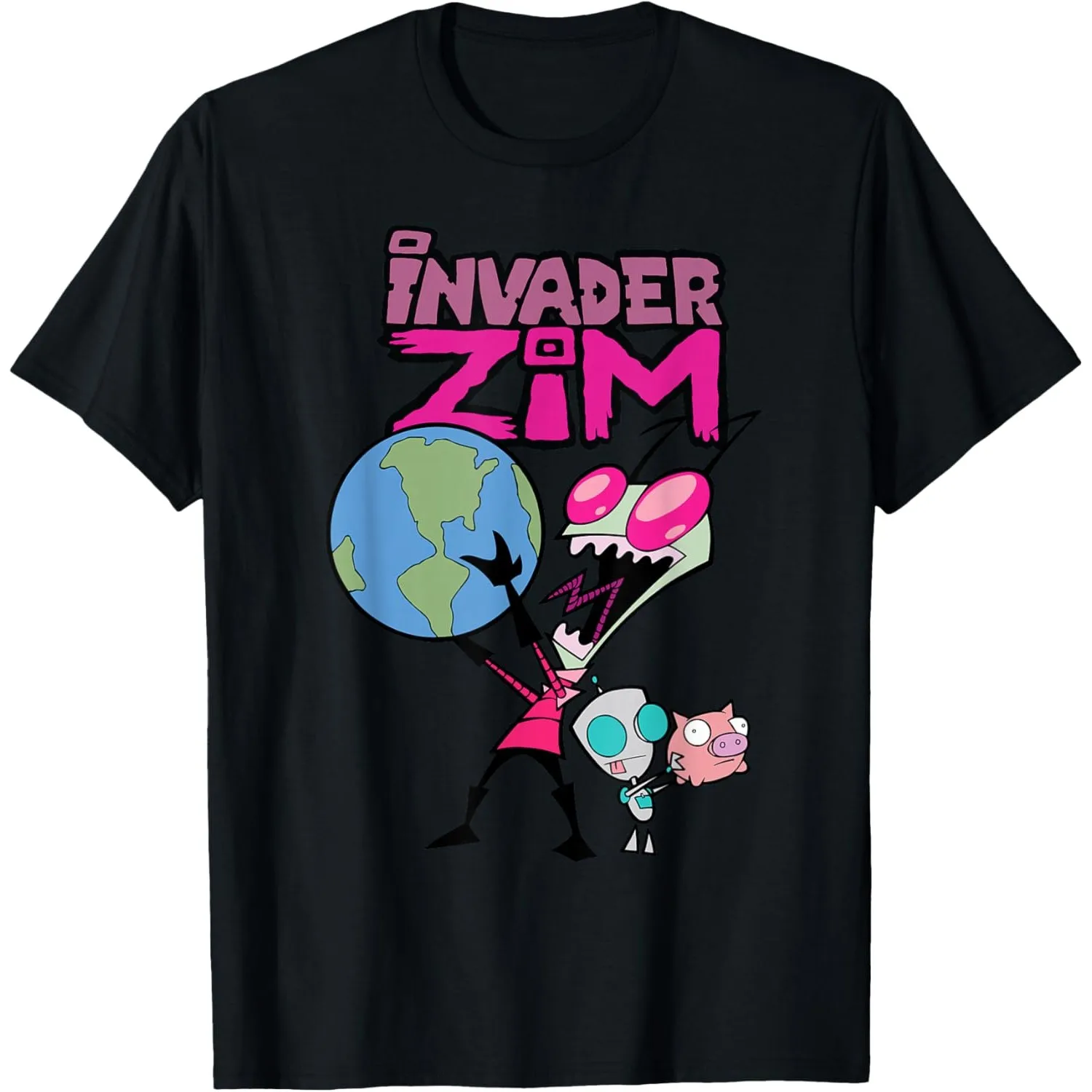 

Invader Zim Graphic Tee Holding Earth and Gir Pig Short Sleeve T-Shirt Men