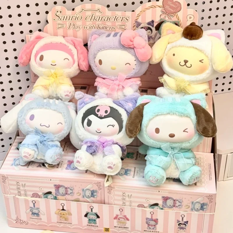 

Genuine Sanrio Characters Play With Kittens Series Vinyl Plush Blind Box Kuromi Melody Cute Pendant Anime Doll Mystery Box Gifts