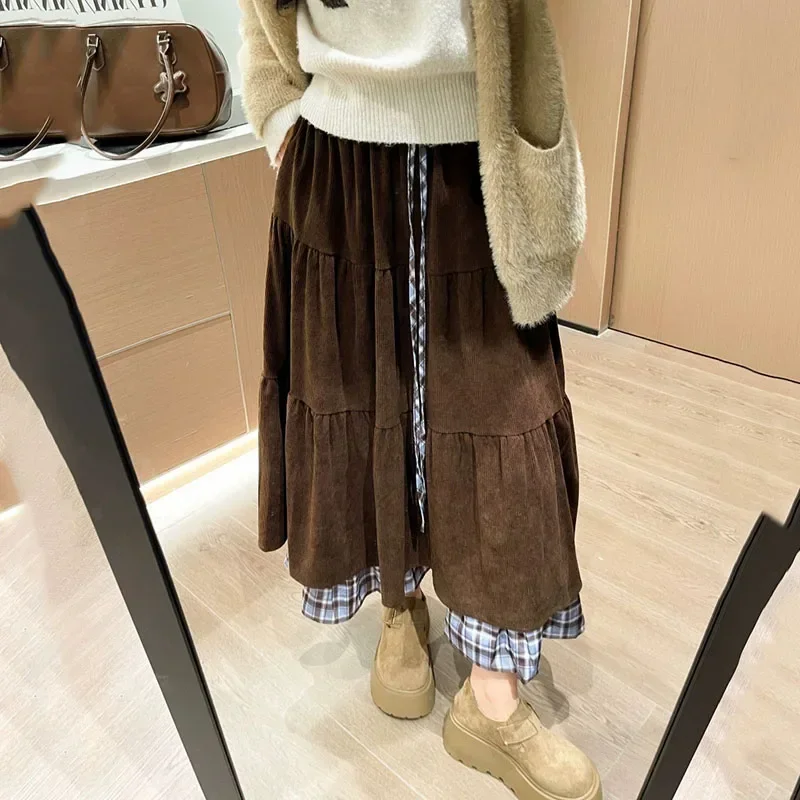Corduroy Long Vintage Skirt Women Fashion Plaid Contrast Y2K Patchwork A-line Skirts Elegant Ruffles Drawstring High Waist Skirt