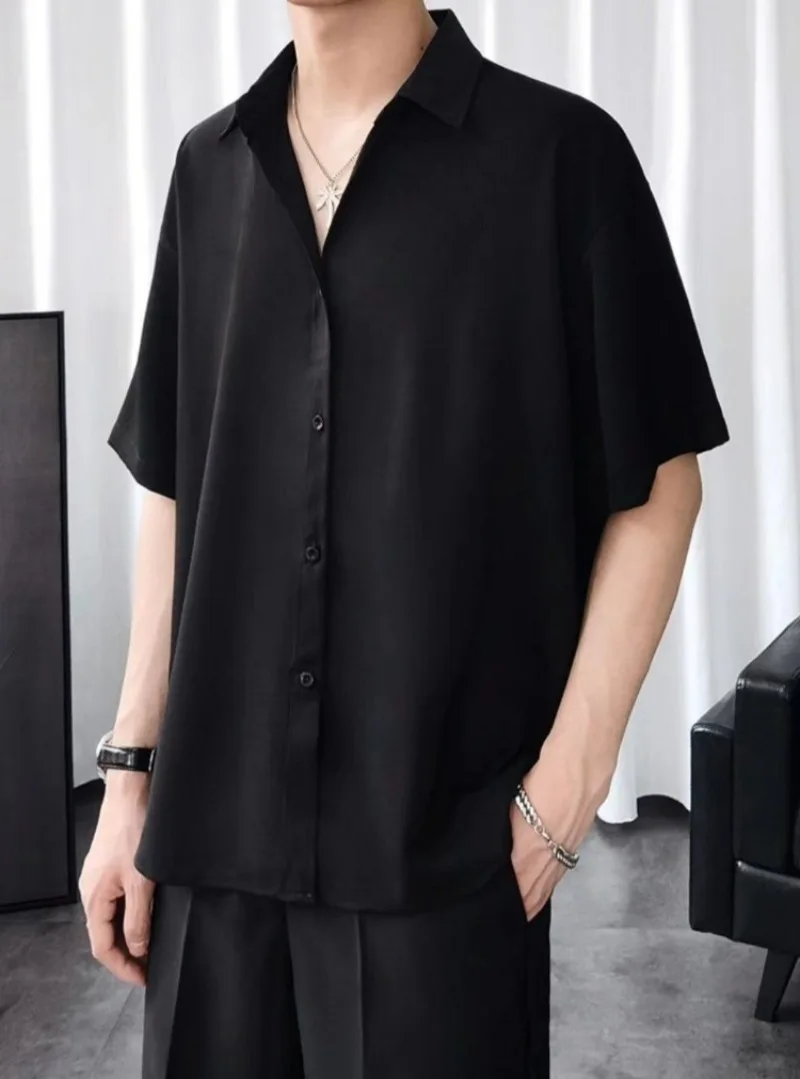 Men Summer Short Sleeve Set Trendy Premium Thin Loose Fit Casual Draping Ice Silk Solid Color Shirt view 6