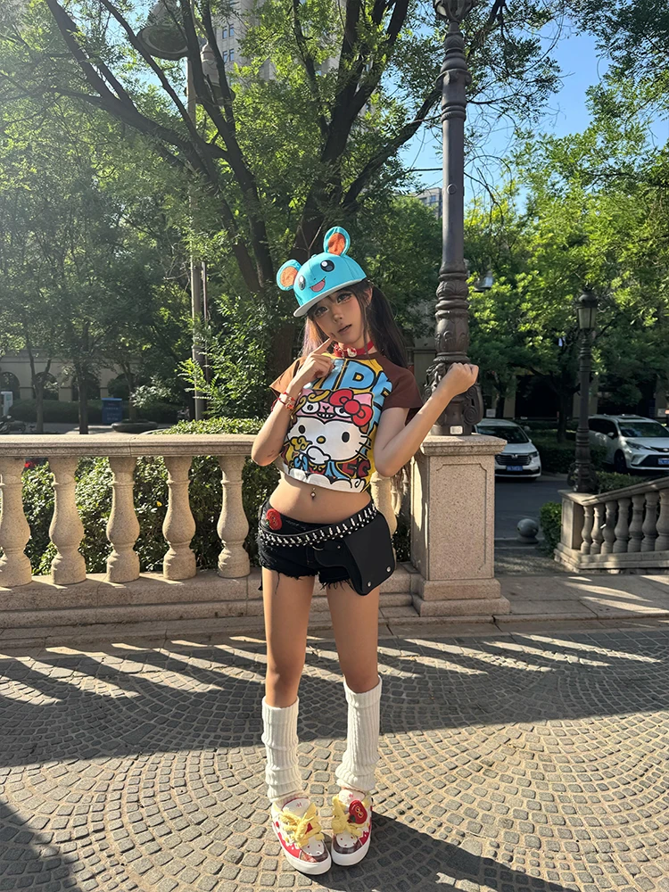 Retro American Kit Color Blo ort Sve T-shirt da donna estiva slim fit Hot Girl oulder Length Top Street Sle Print...