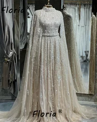 Luxury Crystal Beads Dubai Mermaid Evening Dresses Couture Long Shawl Floral Lace Party Prom Gown Vestidos de Gala 2024 Muslim