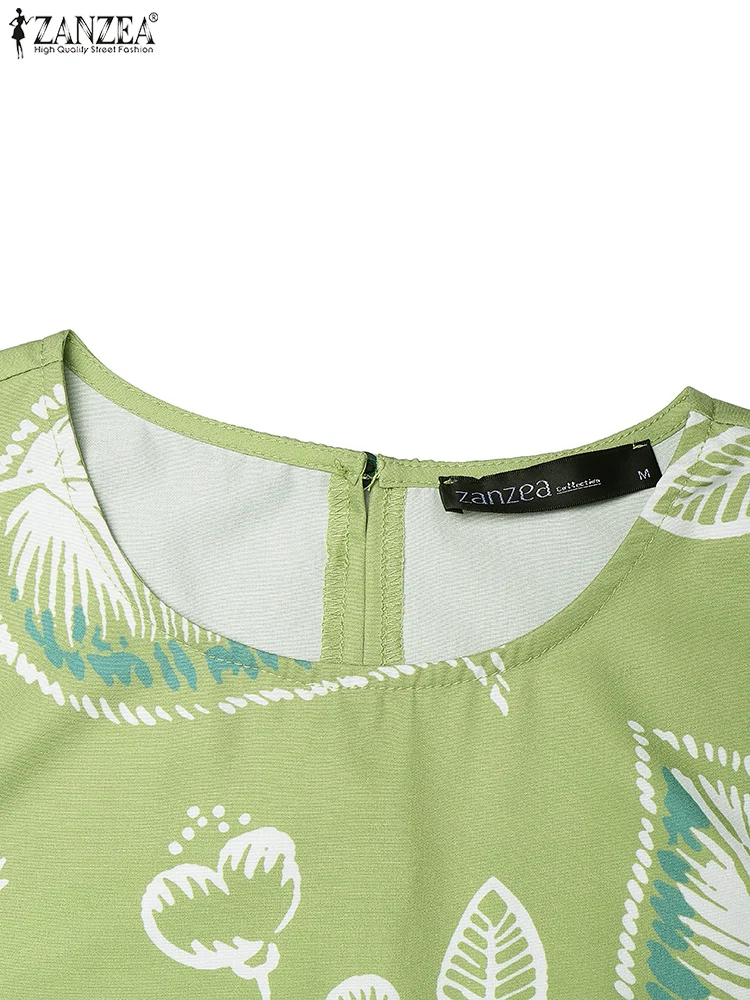 ZANZEA Korte Cap Mouw Bloemen Gedrukt Zonnejurk Dames Casual O-hals 2025, Zomergewaden Hoog-Laag Ruches Zoom Mode Midi-jurken