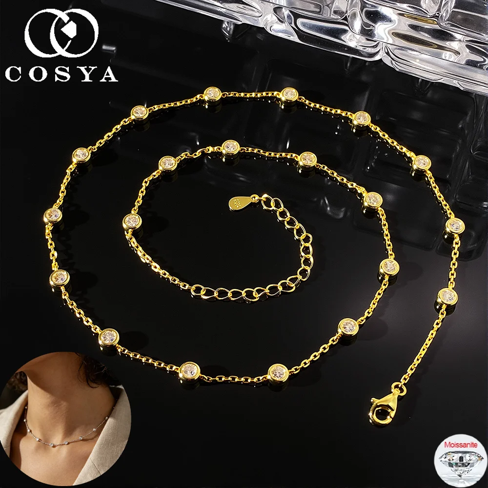 COSYA 3mm バブルモアサナイトネックレス 女性用 100% S925シルバーメッキ 18Kゴールド ラウンドカット Dカラー ネックチェーン 高級ジュエリーギフト 1
