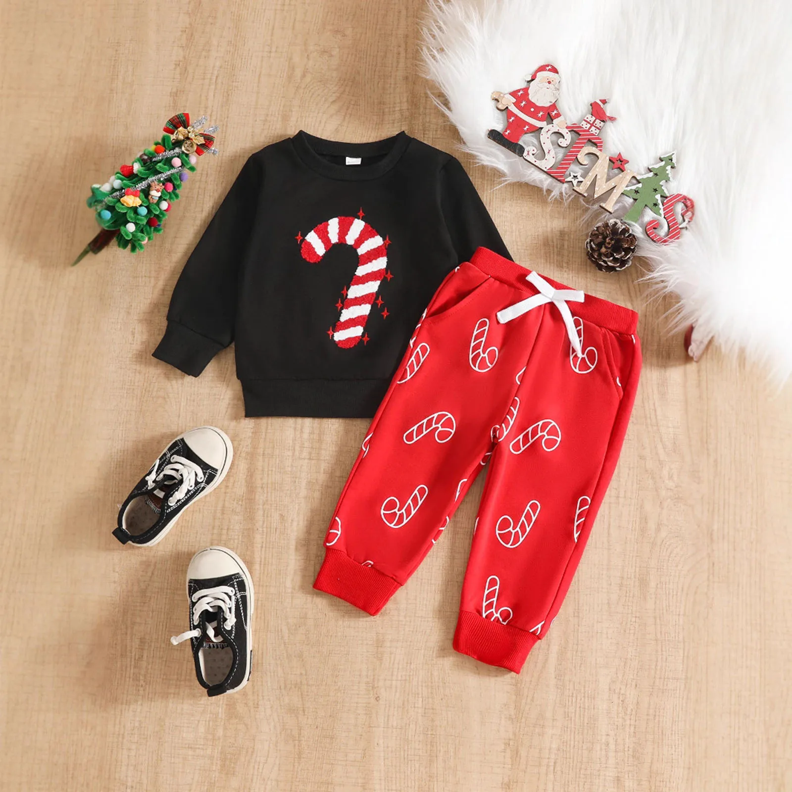 

Kids Christmas Outfit Set Autumn Winter Comfortable Cute Candy Cane Embroidered Sweatshirt And Pants Two Piece Suit kids sets