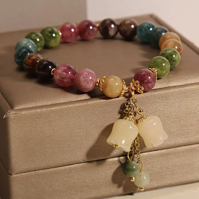 Natural Stone Colored Fashion Handmade Beaded Small Bell Orchid Pendant Elastic Bracelet for Women Girls  Bracelet Jewelry Gifts