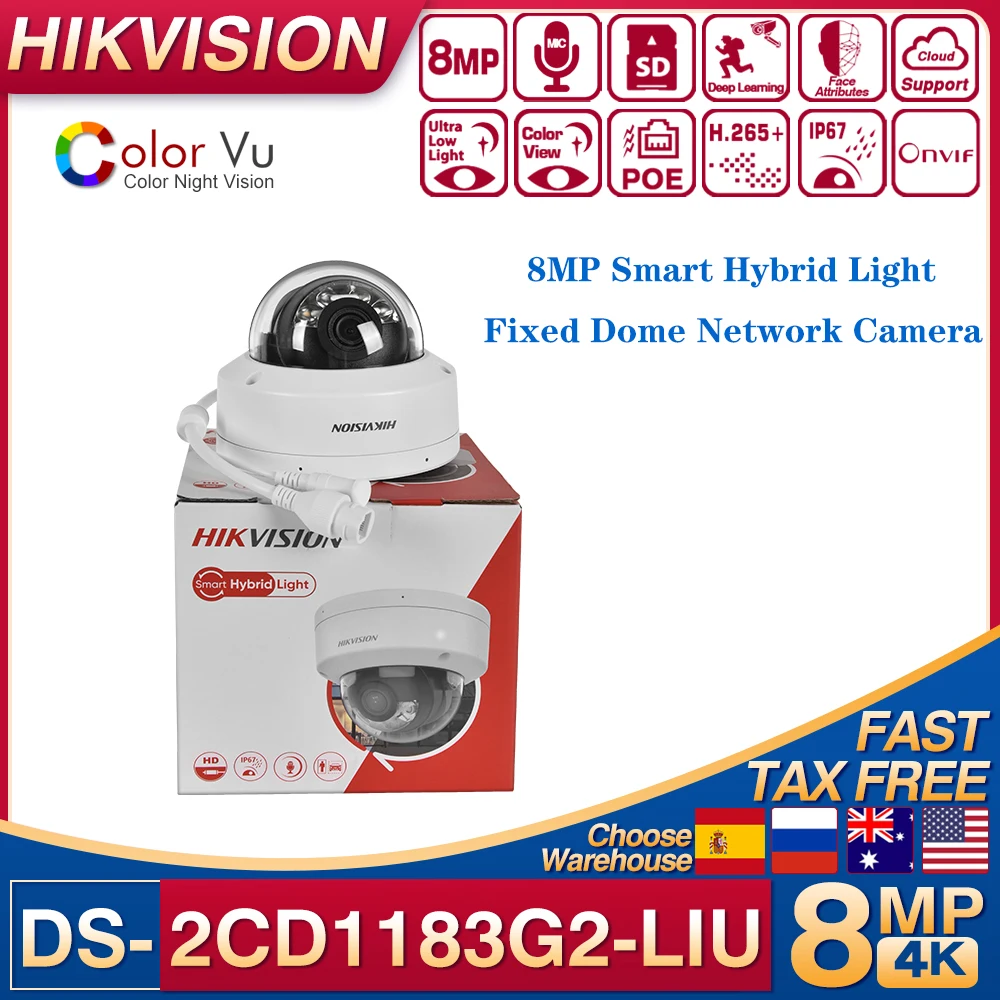 

Original Hikvision 8MP DS-2CD1183G2-LIU IP Camera Built-in Mic Dual-Light Smart Hybrid Light ColorVu Fixed Dome Network Camera