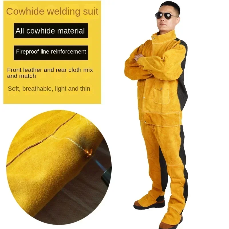 Workplace Safety Clothing Cowhide Welding Work Argon Arc Welding Long Sleeve Protective Anti Arc Splash Cowhide Clothing Suit