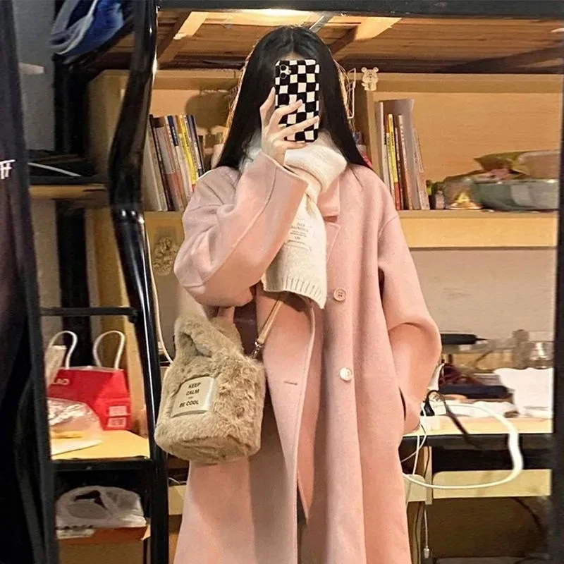 100% Wool Coat Lapel Overcoat Women Wool Blend Double Breasted Long Sleeve Shoulder Pad Coat 2024 Autumn Female Outwear