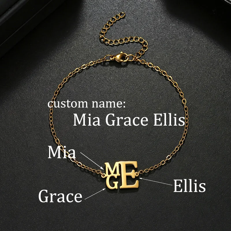 Auxauxme Custom Capital Letters Bracelets for Women Stainless Steel Personalized Family Name Charms Bracelet Birthday Gifts