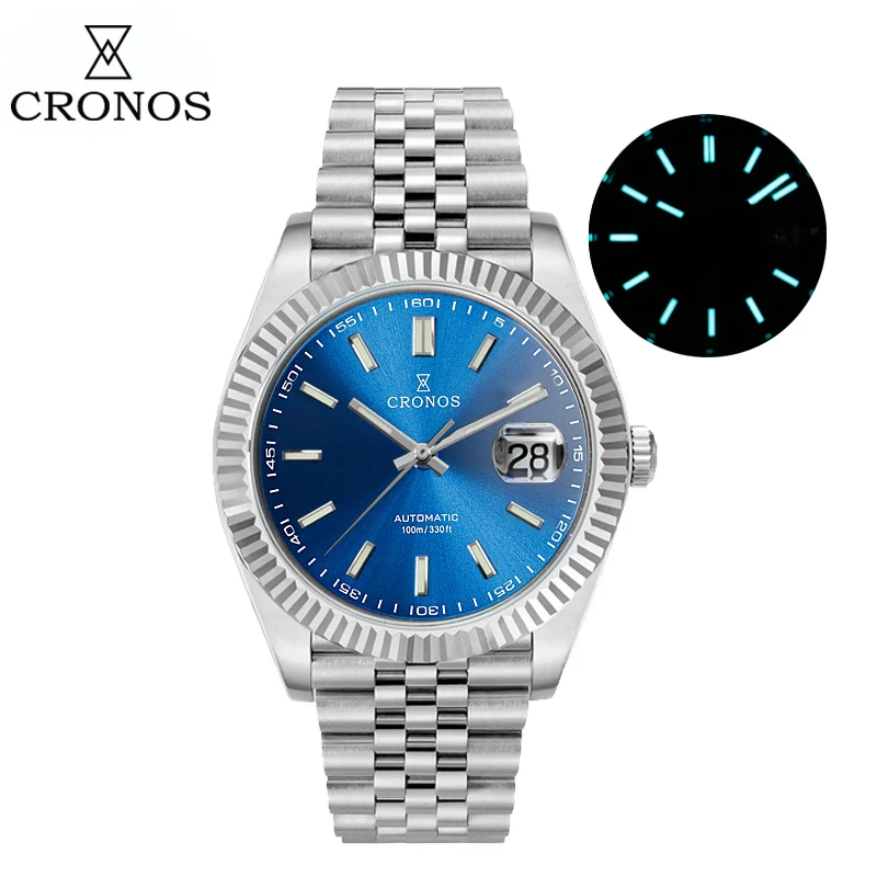크로노스 데이트J 럭셔리 남성 시계 스테인리스 스틸 5 링크 팔찌 PT5000 미요트 9015 100m 방수 사파이어