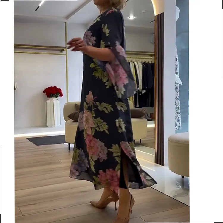 Elegant Floral Print Round Neck Long Dress Spring Summer Dresses Floral Dresses