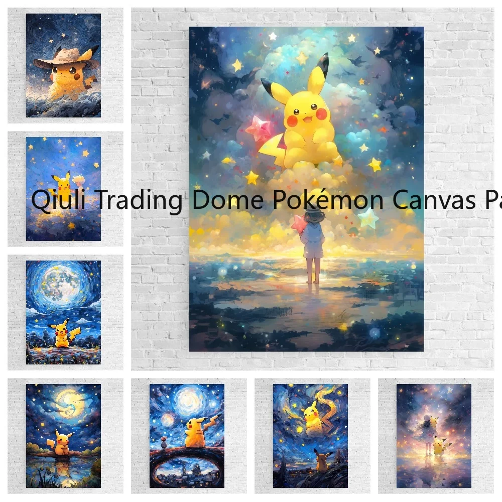 Van Gogh Museum New Pokemon Anime Figures Pikachu Watercolor Painting Canvas Posters and Prints Wall Art Picture for Living Room