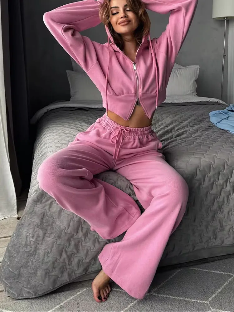 2024 Damen-Hosen-Set, einfarbig, rosa + graue Röhrenoberteile + Langarm-Kapuzenmantel + elastische Taille, kausale, lockere Fleece-Hosen, Straße