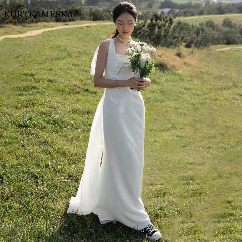 

French Luxury White Satin Wedding Dresses for Bride 2025 Women Elegant Sexy Square Neck Long Prom Party Evening Dress vestidos