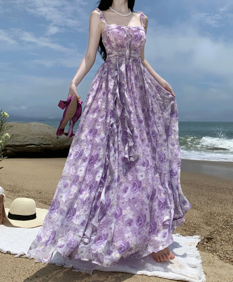 Imagem -06 - Francês Vintage Roxo Impressão Vestidos Longos para Mulheres Sexy sem Encosto sem Mangas Babados Praia Férias Roupas Femininas Verão 2023