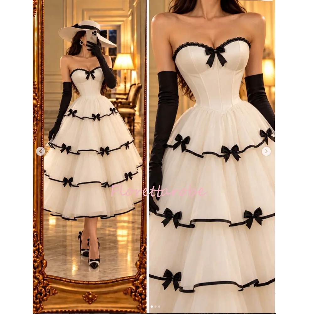 Elegant Silk Satin Evening Dresses Tulle Hem Black Strap and Bows Decoration Sweetheart Sleeveless Pron Gowns Customized