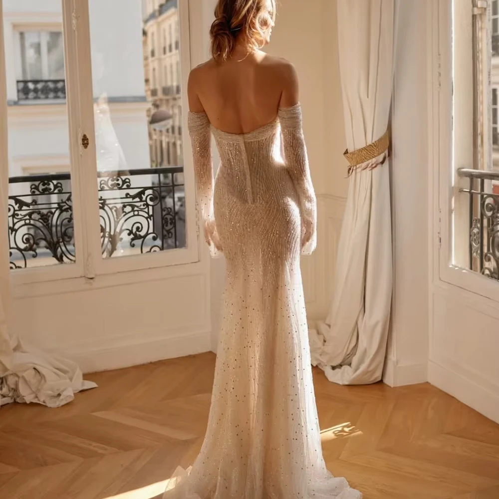 Personalizado novo bordado contas rendas sereia vestido de casamento fora do ombro longo vestido de noiva 2026 cautivante vestido de baile