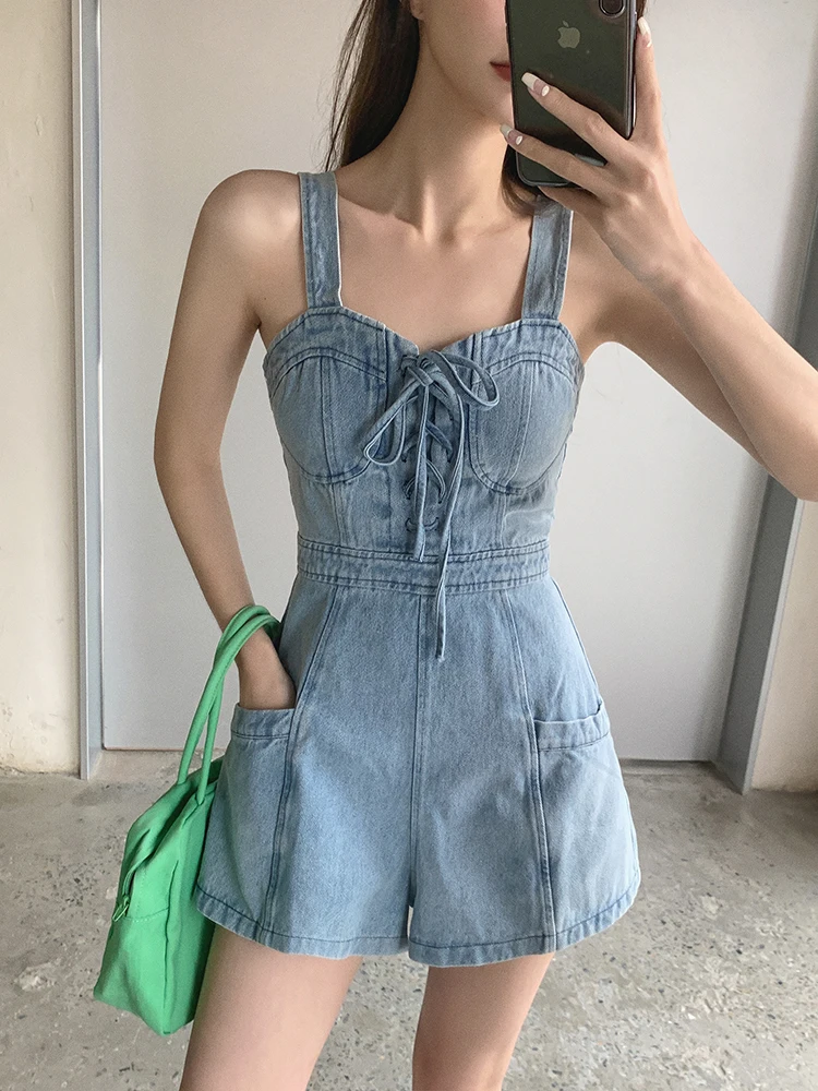 Vintage Jeans Sundress Women Back Zipper Sexy Lace-Up High Waist Denim Jumpsuit Shorts Summer Strap Romper Loose Casual Overalls