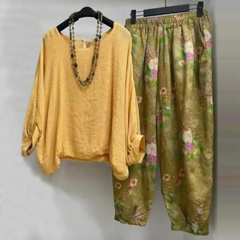 Autumn Blouse Pants Set Casual Long Sleeves Crew Neck Loose Flower Print Plus Size Elastic Waist Lady Tops Trousers Suit