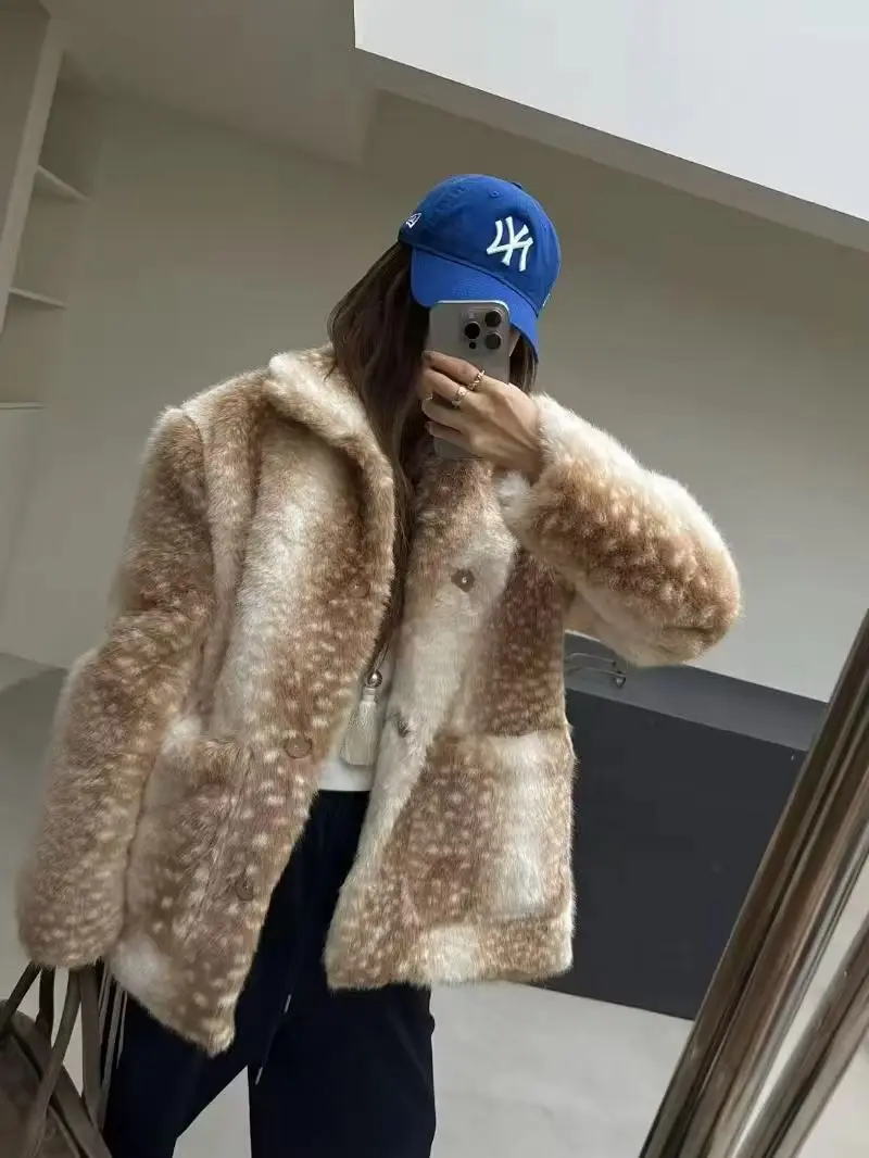 LIMO Single Breasted Women Deer Print Faux Fur Jacket Stand Collar Pocket Fluffy Long Sleeve Coat