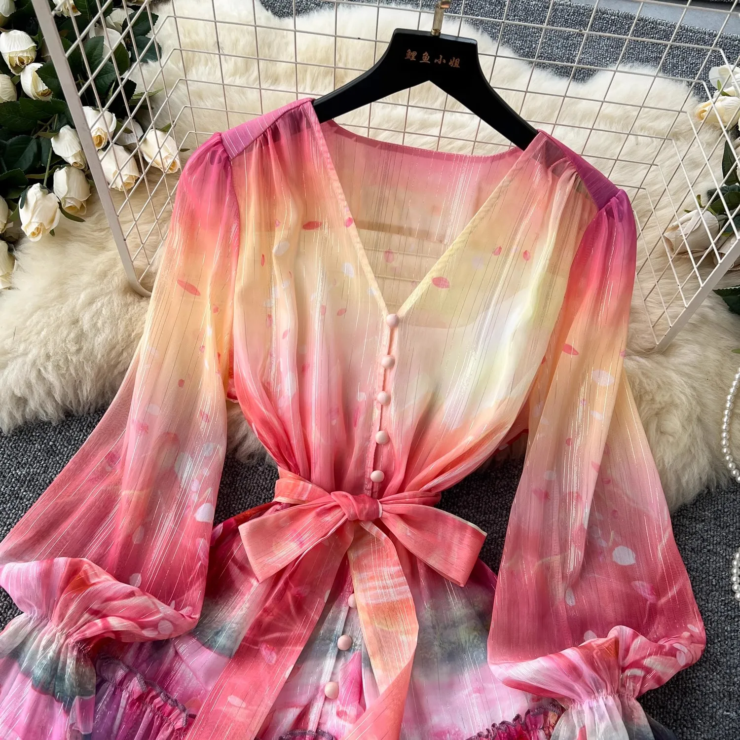 Mode 2024 Nieuwe Zomer Lente Europa V Hals Flare Mouw Veters Single Breasted Sweet Femme Robe Frech Stijl Boho Jurken