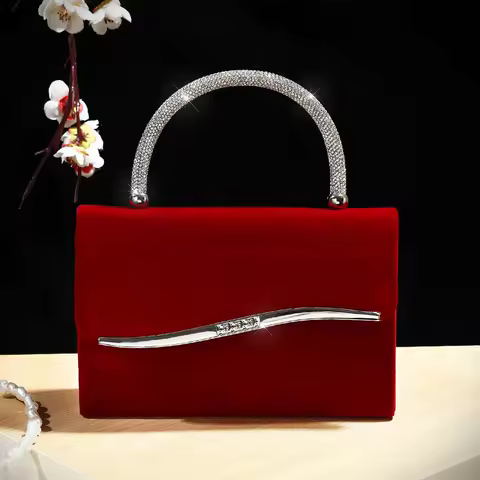New wine red velvet diamond-encrusted handbag for ladies a luxurious small square bag for dinner parties and a fashionable met