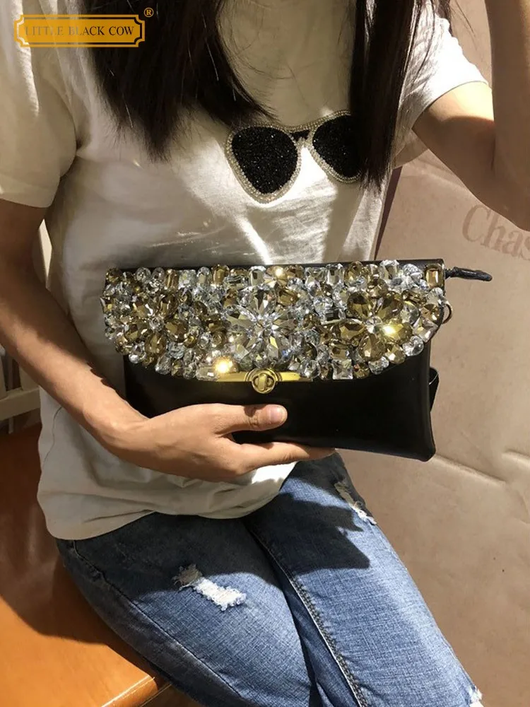 Cow Split Leather Clutch Bag Women Shiny Diamonds Handbag Flap Crossbody Envelope Messenger Bag Party Crystal Sling Shoulder Bag