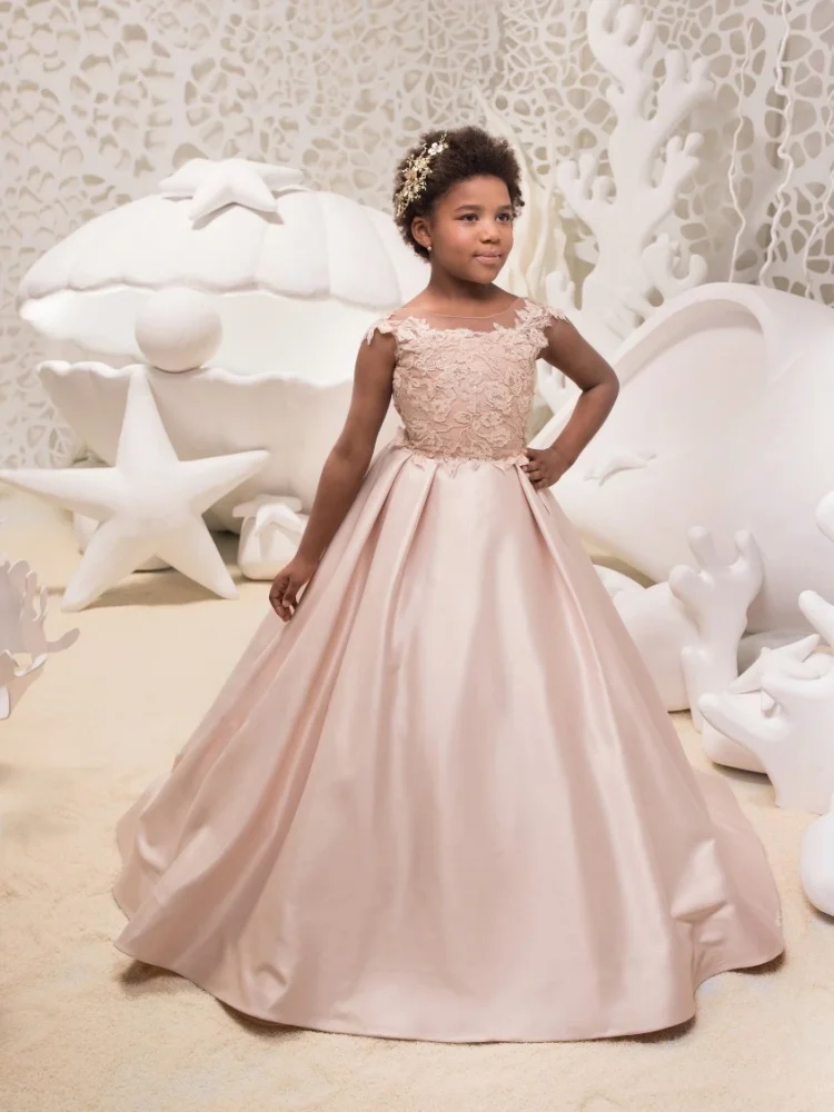 Customized Flower Girl Dress for Wedding Off‑Shoulder Lace Applique Bodice Satin Train Pageant Princess Party Gown