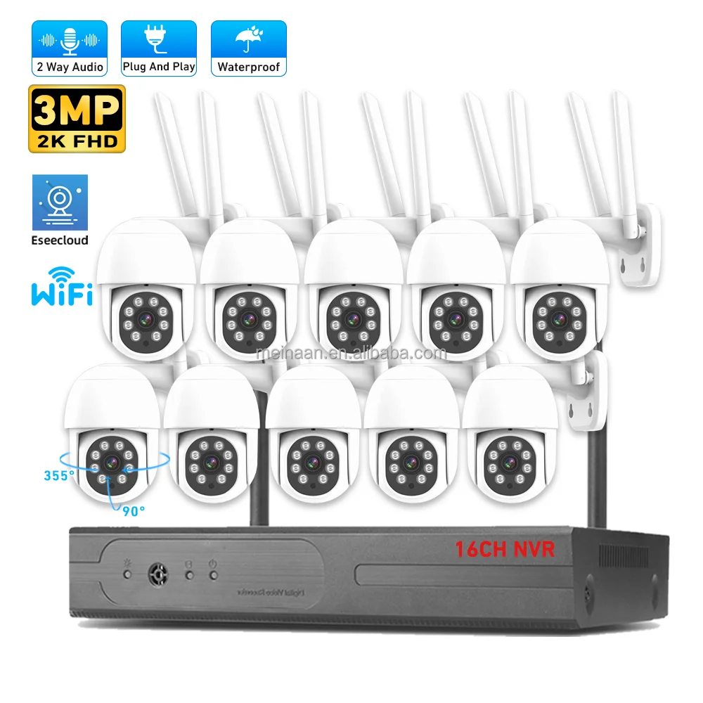 Sistem Kamera CCTV WiFi Keamanan Rumah Kit NVR Sistem Pengawasan Video Kamera PTZ WiFi Luar Ruangan Nirkabel 10CH EseeCloud 3MP OEM