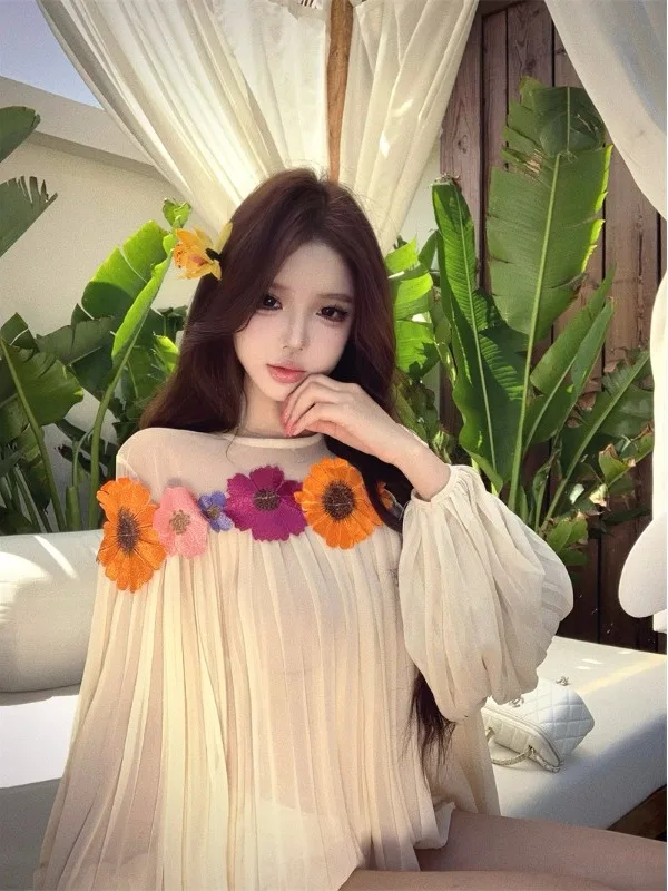 

French Style Long Sleeve Chiffon Shirt Women's Loose Fit Summer Design Holiday Floral Print Casual Slimming Gown Polyester Fiber