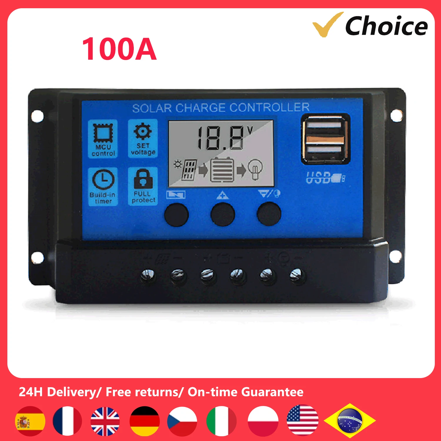 100A/80A/60A/50A/20A/30A/10A Solar Charge Controller, Upgraded Solar Panel USB Port Solar Panel Battery Intelligent Regulator