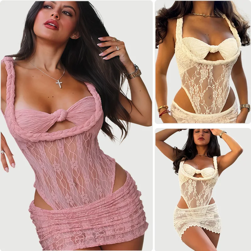 

Women's Stylish Beachwear Set, 2026 New Solid Color Lace Off the Shoulder Sleeveless Swimsuit & Mini Skirt for Vacation