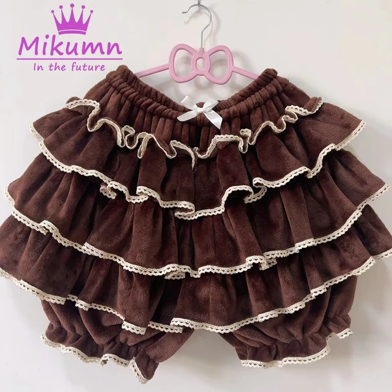Harajuku Y2k Süße Rosa Weiße Kürbis Hosen Lolita Herbst Winter JK Plüsch Shorts Japanische Kawaii Rüschen Laterne Shorts