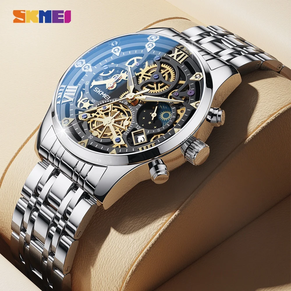 Montres pour hommes SKMEI, marque haut de gamme, entièrement en acier, style business, étanches 3 bars, mouvement à quartz japonais, calendrier, montres-bracelets, Reloj Hombre