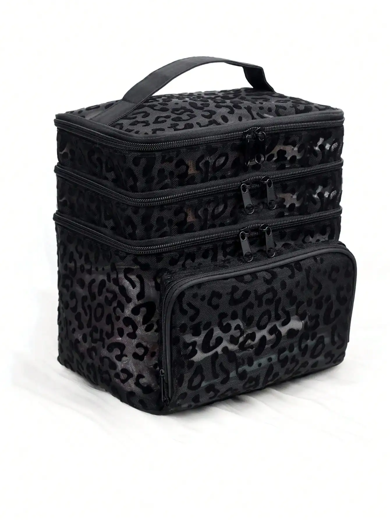 Black Minimalist Fashion Mesh Leopard Print, Large Capacity Multi-Functional 3-Layer Makeup Bag, Single Handle Multi-Pocket Convenient Design, Foldable Storage Bag, Compartment Storage