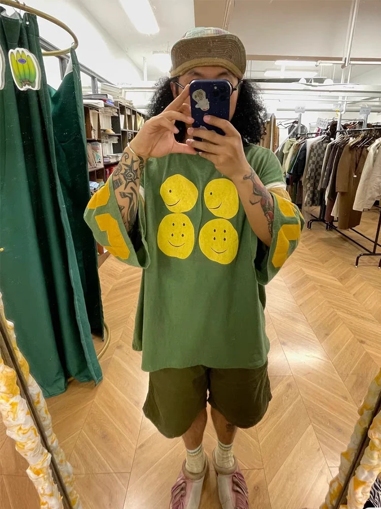 

KAPITAL W5S Tee-color Patchwork Letter Print round Ne Loose ort Sve T-irt Japanese Sle Five Sve Printe...