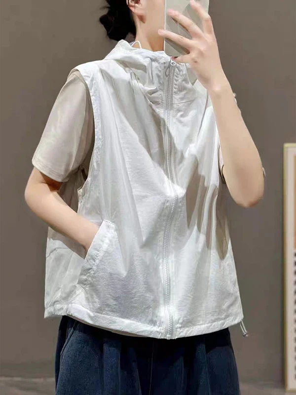 

Chic Anti-Aging Hooded Vest Women's Loose Casual Me Lined Svel Zipper Jaet Outerwear Faionable Commute Sle