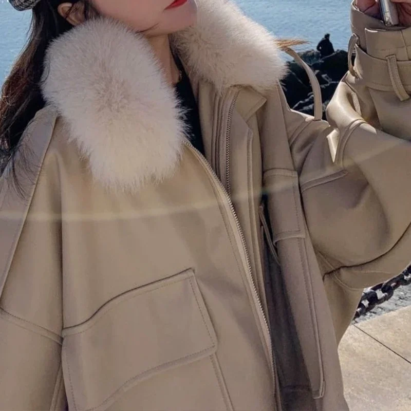 Pie Overcome Leather Jacket Women's Autumn and Winter 2025 New Loose Fleece Thickened Small Short