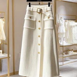 Women Clothing Temperament Buttons Solid Color A-line Skirt Ladies Elegant All-match Simplicity High Waist Autumn Winter Skirts