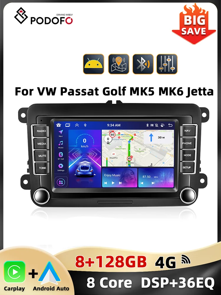 Podofo 7 '8 + 128G Autoradio Voor Vw/Passat/Touran/Golf/Polo Multimediaspeler 8Core Carplay Android Auto Gps Navigatie Wifi 4G - afbeelding 2