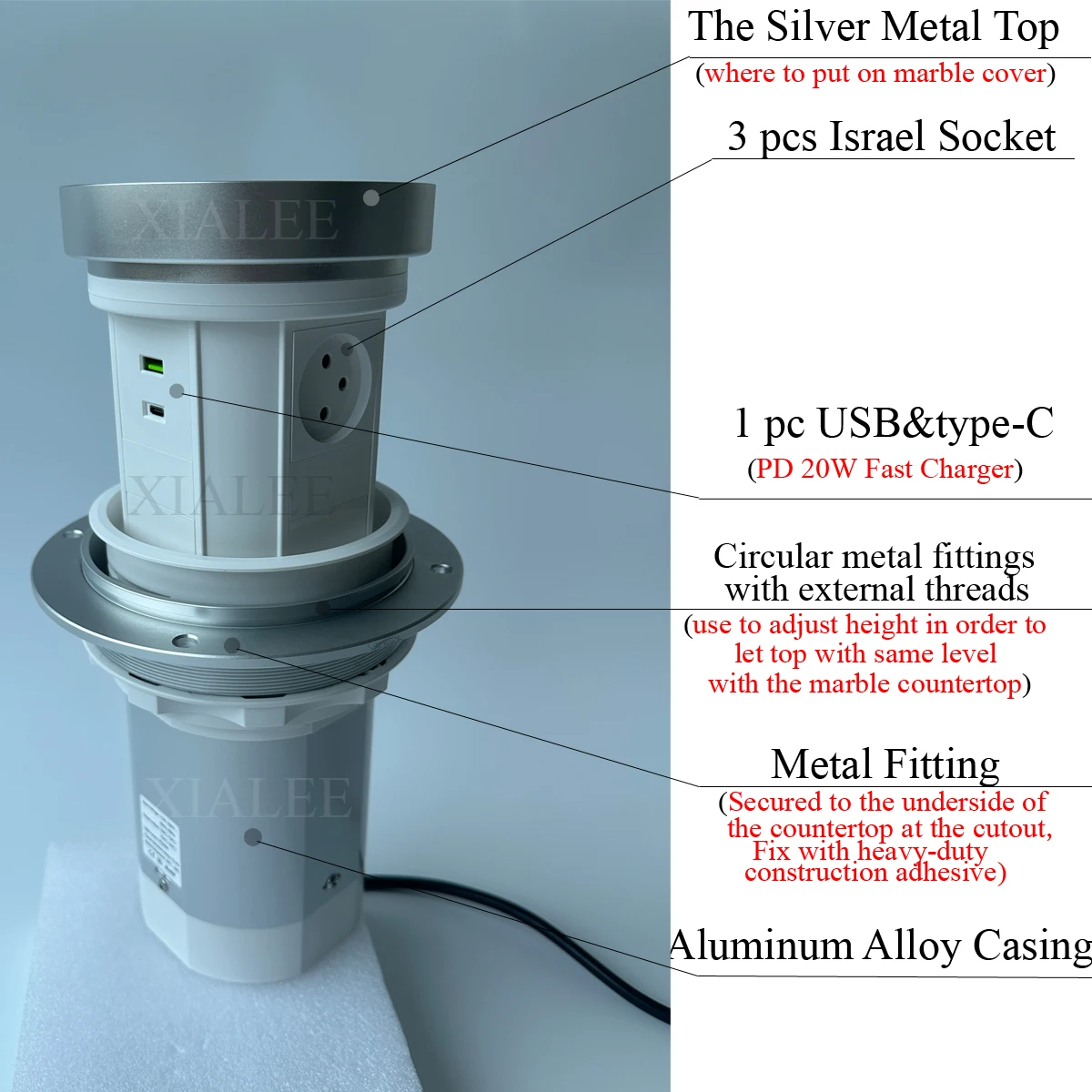Pneumatic Marble Countertop Lifting Israel Socket Embedded Hidden Outlet Kitchen Island Waterproof 20W Fast Charger
