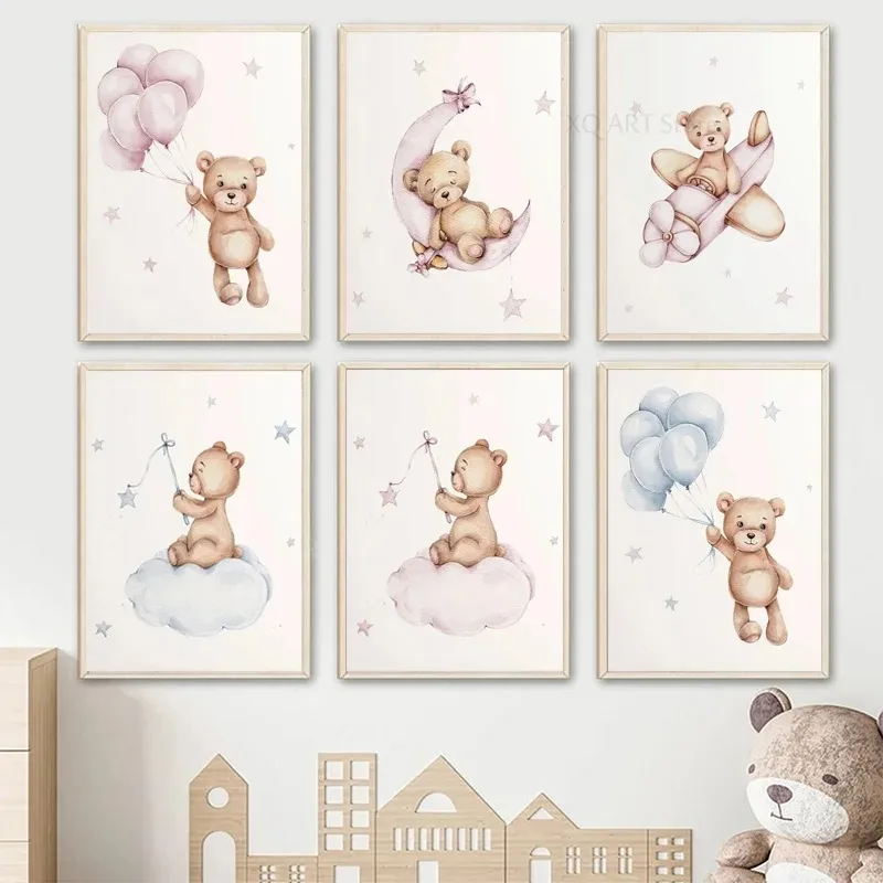 

Nordic Pink Blue Bear Moon Balloon Poster Nursery Minimalist Wall Art Canvas Painting Posters for Living Room Modern Home Decor