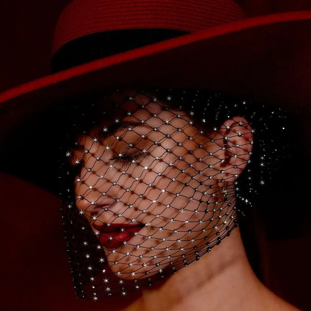 

European American Style Fishing Net Headcover Hollow Out Elastic Rhinestone Face Veil Sparkling Adjustable Bridal Headwear