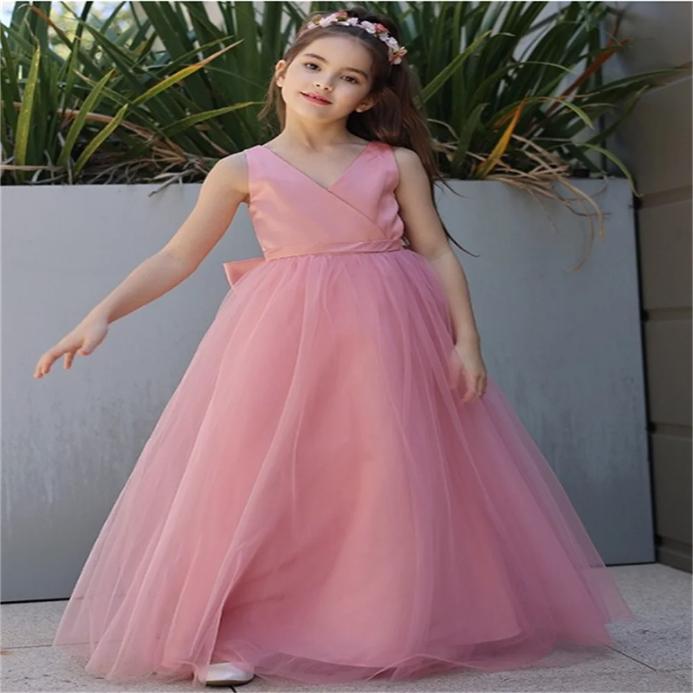 Flower Girls Dresses A-Line Bow Bridesmaid Kids  V-Neck  Lace Dresses Backless Sleeveless  Wedding Official Event Princess