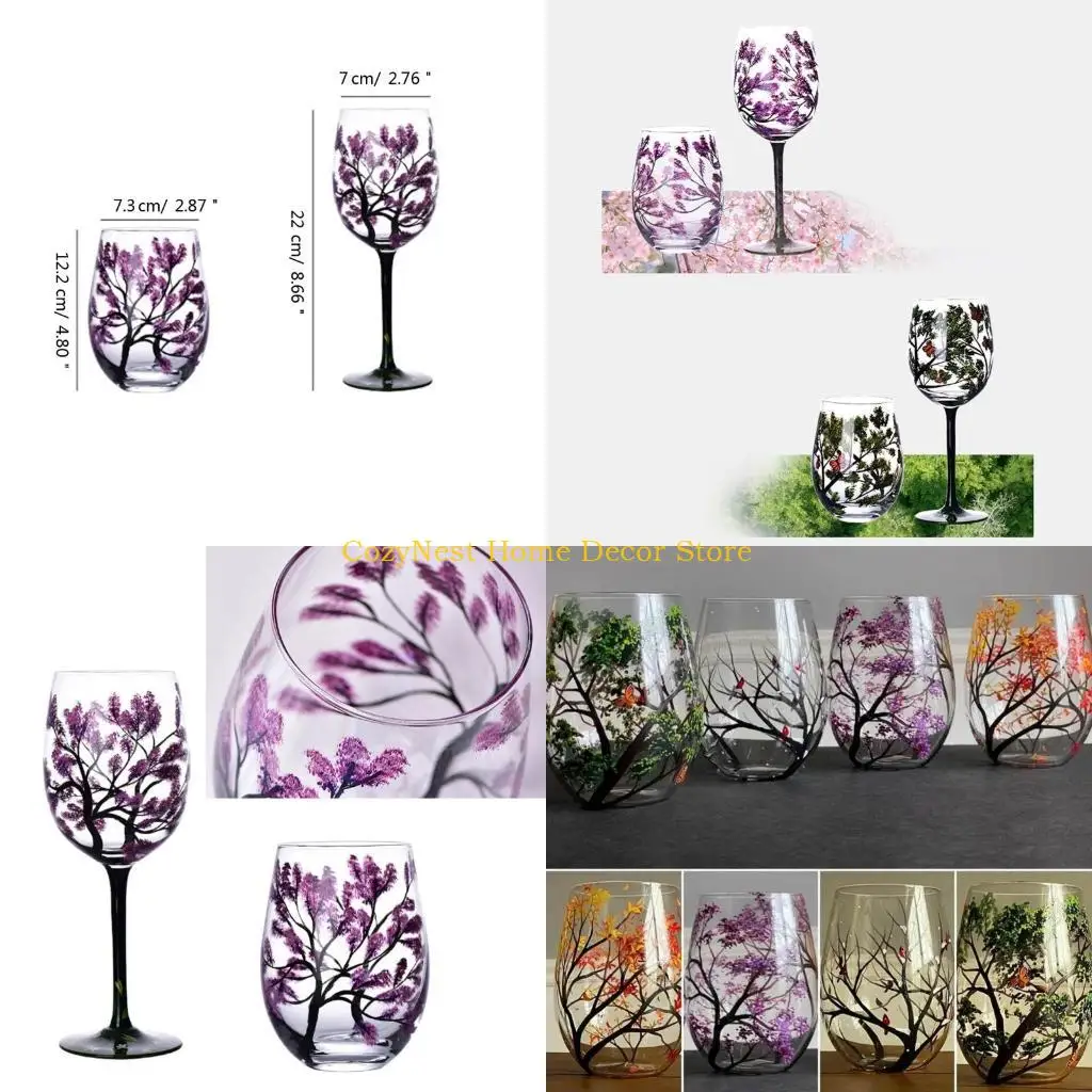 

92MF Handmade Painted Glass Wine Glasses Four Seasons Tree Goblet Gift for Friend