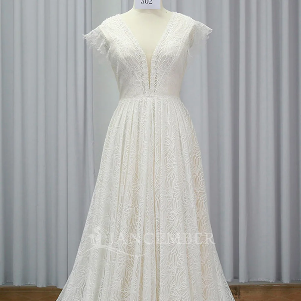 Robe de mariée trapèze en dentelle, robe de mariée de luxe avec cristaux, col en v, manches courtes personnalisées, robes de mariée pour mariée