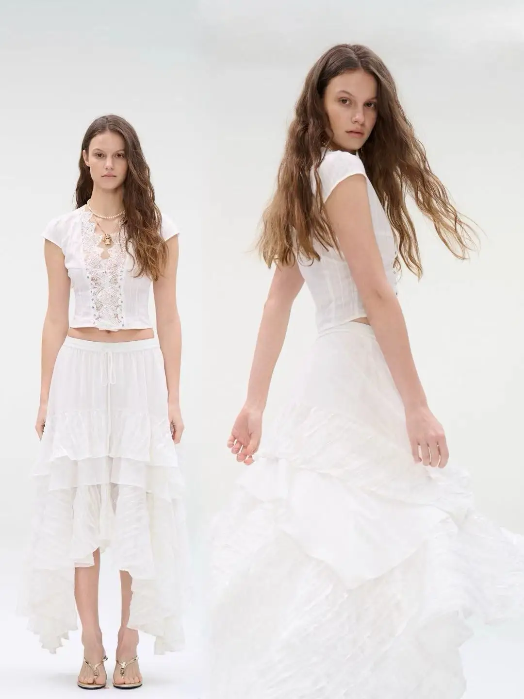 

Romantic Vintage White f Skirt Original Design Special ter-Proc Fabric Wide Hemline Loose Fit mid Waist Skirt
