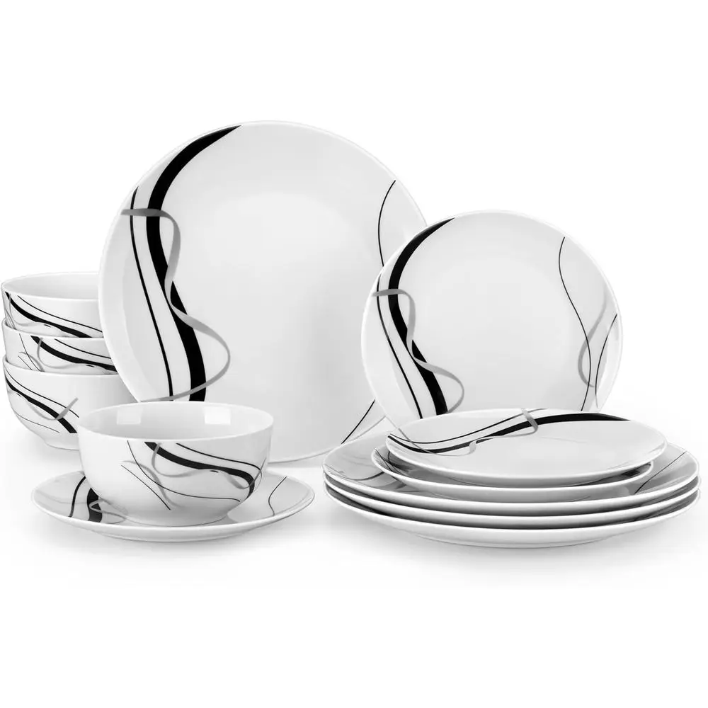 

Dinnerware Sets, 4 or 12 Pieces Plates and Bowls with Black and Grey Ribbon Lines, Dining Ware, Microwave and Dishwasher Safe