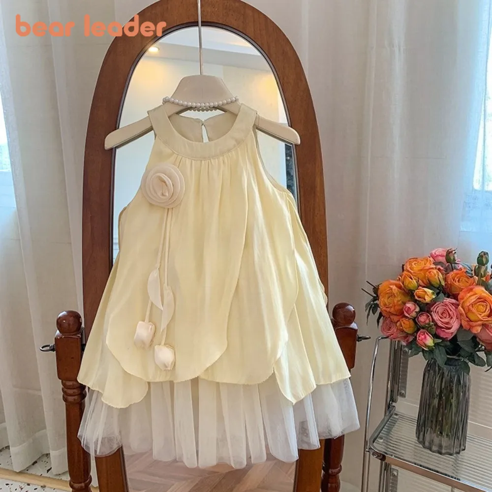 

Bear Leader Summer Fashion New Sleeveless Princess Dress Fashion Party Kids Dress 3D Flower Decoration Yellow Girls Clothes